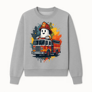 Firefighter Ghost on Fire Truck Cute Cartoon Design T-Shirt, Kids Halloween Costume Tee, Fun Spooky Apparel - Sweatshirt 1757912495733.jpg