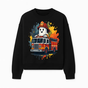 Firefighter Ghost on Fire Truck Cute Cartoon Design T-Shirt, Kids Halloween Costume Tee, Fun Spooky Apparel - Sweatshirt 1757912495893.jpg