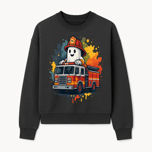 Firefighter Ghost on Fire Truck Cute Cartoon Design T-Shirt, Kids Halloween Costume Tee, Fun Spooky Apparel - Sweatshirt 1757912496051.jpg