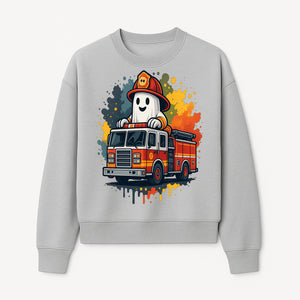 Firefighter Ghost on Fire Truck Cute Cartoon Design T-Shirt, Kids Halloween Costume Tee, Fun Spooky Apparel - Sweatshirt 1757912496396.jpg