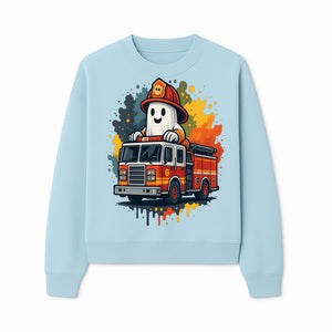 Firefighter Ghost on Fire Truck Cute Cartoon Design T-Shirt, Kids Halloween Costume Tee, Fun Spooky Apparel - Sweatshirt 1757912496545.jpg