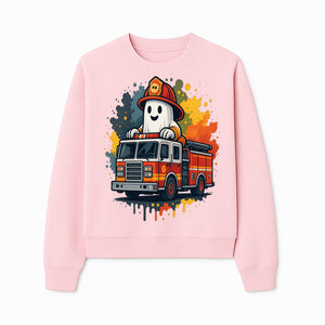 Firefighter Ghost on Fire Truck Cute Cartoon Design T-Shirt, Kids Halloween Costume Tee, Fun Spooky Apparel - Sweatshirt 1757912496727.jpg
