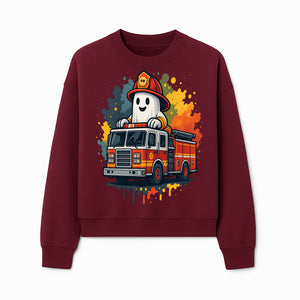 Firefighter Ghost on Fire Truck Cute Cartoon Design T-Shirt, Kids Halloween Costume Tee, Fun Spooky Apparel - Sweatshirt 1757912496950.jpg