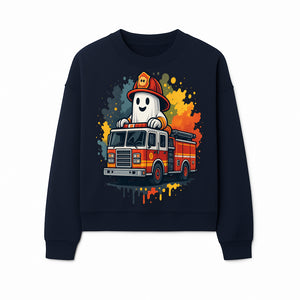 Firefighter Ghost on Fire Truck Cute Cartoon Design T-Shirt, Kids Halloween Costume Tee, Fun Spooky Apparel - Sweatshirt 1757912497097.jpg
