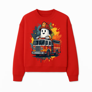 Firefighter Ghost on Fire Truck Cute Cartoon Design T-Shirt, Kids Halloween Costume Tee, Fun Spooky Apparel - Sweatshirt 1757912497243.jpg