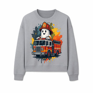 Firefighter Ghost on Fire Truck Cute Cartoon Design T-Shirt, Kids Halloween Costume Tee, Fun Spooky Apparel - Sweatshirt 1757912497409.jpg