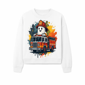 Firefighter Ghost on Fire Truck Cute Cartoon Design T-Shirt, Kids Halloween Costume Tee, Fun Spooky Apparel - Sweatshirt 1757912497562.jpg