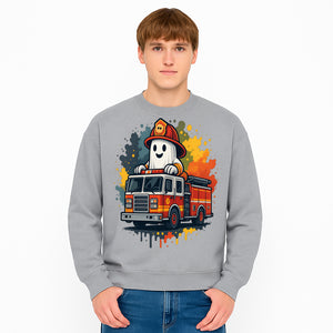 Firefighter Ghost on Fire Truck Cute Cartoon Design T-Shirt, Kids Halloween Costume Tee, Fun Spooky Apparel - Sweatshirt 1757912498712.jpg