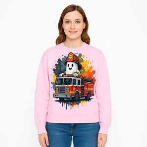 Firefighter Ghost on Fire Truck Cute Cartoon Design T-Shirt, Kids Halloween Costume Tee, Fun Spooky Apparel - Sweatshirt 1757912498876.jpg