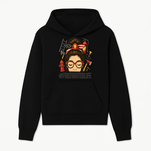 Firefighter Life Graphic Tee - Girl with Firefighter Gear and Accessories - Inspirational Gift for Firefighters - Unique Firefighting Apparel - Hoodie 1757914227604.jpg