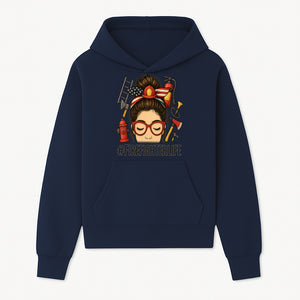 Firefighter Life Graphic Tee - Girl with Firefighter Gear and Accessories - Inspirational Gift for Firefighters - Unique Firefighting Apparel - Hoodie 1757914228695.jpg