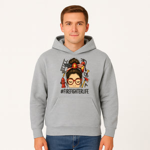 Firefighter Life Graphic Tee - Girl with Firefighter Gear and Accessories - Inspirational Gift for Firefighters - Unique Firefighting Apparel - Hoodie 1757914230356.jpg