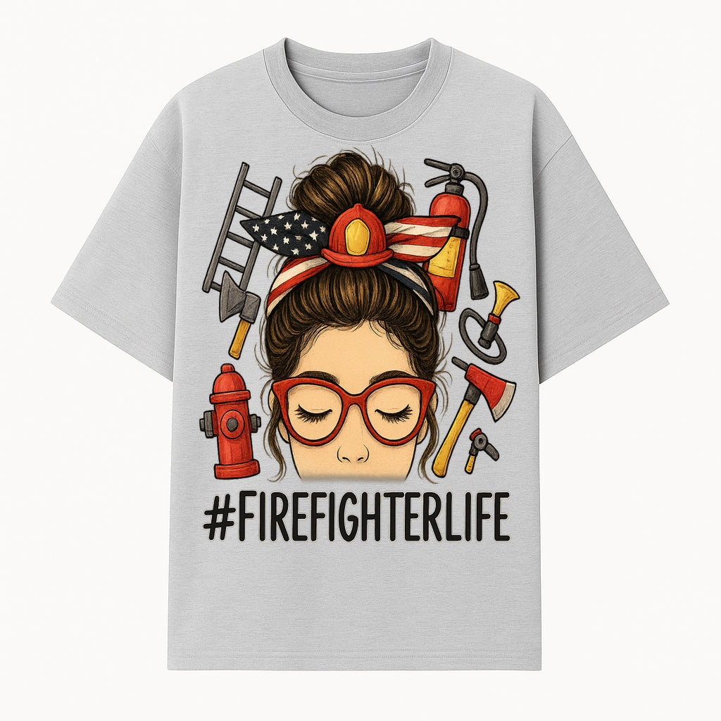 Firefighter Life Graphic Tee - Girl with Firefighter Gear and Accessories - Inspirational Gift for Firefighters - Unique Firefighting Apparel - T-shirt 1757914230622.jpg