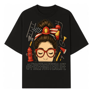 Firefighter Life Graphic Tee - Girl with Firefighter Gear and Accessories - Inspirational Gift for Firefighters - Unique Firefighting Apparel - T-shirt 1757914230764.jpg