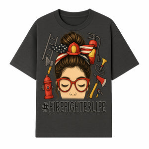 Firefighter Life Graphic Tee - Girl with Firefighter Gear and Accessories - Inspirational Gift for Firefighters - Unique Firefighting Apparel - T-shirt 1757914230876.jpg