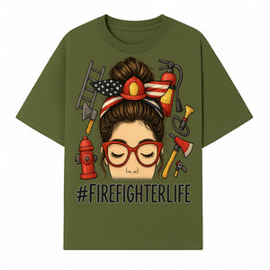 Firefighter Life Graphic Tee - Girl with Firefighter Gear and Accessories - Inspirational Gift for Firefighters - Unique Firefighting Apparel - T-shirt 1757914231021.jpg