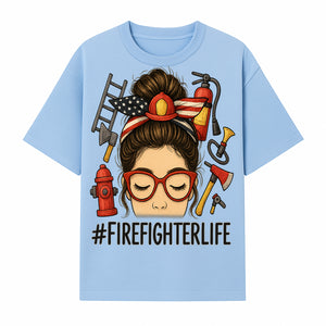 Firefighter Life Graphic Tee - Girl with Firefighter Gear and Accessories - Inspirational Gift for Firefighters - Unique Firefighting Apparel - T-shirt 1757914231354.jpg