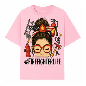 Firefighter Life Graphic Tee - Girl with Firefighter Gear and Accessories - Inspirational Gift for Firefighters - Unique Firefighting Apparel - T-shirt 1757914231521.jpg