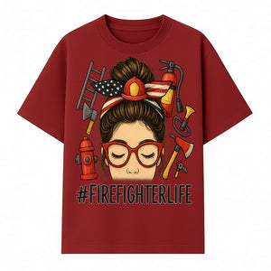 Firefighter Life Graphic Tee - Girl with Firefighter Gear and Accessories - Inspirational Gift for Firefighters - Unique Firefighting Apparel - T-shirt 1757914231659.jpg