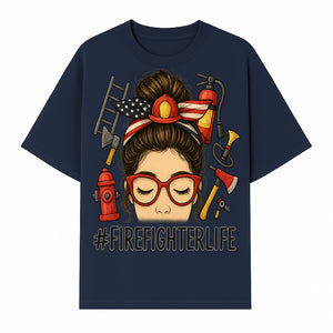 Firefighter Life Graphic Tee - Girl with Firefighter Gear and Accessories - Inspirational Gift for Firefighters - Unique Firefighting Apparel - T-shirt 1757914231831.jpg