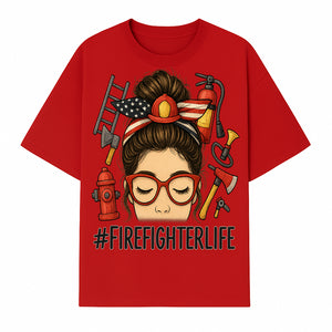 Firefighter Life Graphic Tee - Girl with Firefighter Gear and Accessories - Inspirational Gift for Firefighters - Unique Firefighting Apparel - T-shirt 1757914231981.jpg