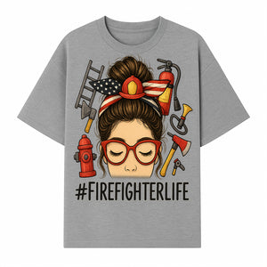 Firefighter Life Graphic Tee - Girl with Firefighter Gear and Accessories - Inspirational Gift for Firefighters - Unique Firefighting Apparel - T-shirt 1757914232148.jpg
