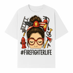 Firefighter Life Graphic Tee - Girl with Firefighter Gear and Accessories - Inspirational Gift for Firefighters - Unique Firefighting Apparel - T-shirt 1757914232306.jpg