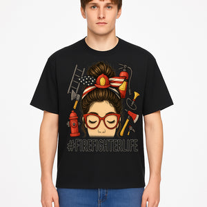 Firefighter Life Graphic Tee - Girl with Firefighter Gear and Accessories - Inspirational Gift for Firefighters - Unique Firefighting Apparel - T-shirt 1757914233481.jpg