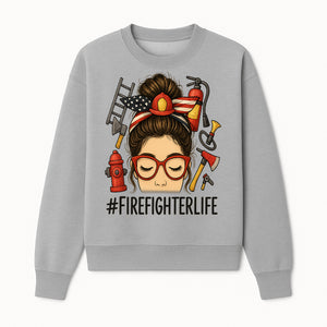 Firefighter Life Graphic Tee - Girl with Firefighter Gear and Accessories - Inspirational Gift for Firefighters - Unique Firefighting Apparel - Sweatshirt 1757914233784.jpg
