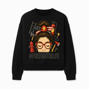Firefighter Life Graphic Tee - Girl with Firefighter Gear and Accessories - Inspirational Gift for Firefighters - Unique Firefighting Apparel - Sweatshirt 1757914233944.jpg