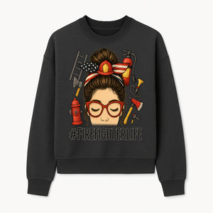 Firefighter Life Graphic Tee - Girl with Firefighter Gear and Accessories - Inspirational Gift for Firefighters - Unique Firefighting Apparel - Sweatshirt 1757914234121.jpg