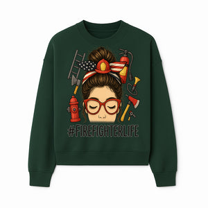 Firefighter Life Graphic Tee - Girl with Firefighter Gear and Accessories - Inspirational Gift for Firefighters - Unique Firefighting Apparel - Sweatshirt 1757914234306.jpg