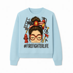 Firefighter Life Graphic Tee - Girl with Firefighter Gear and Accessories - Inspirational Gift for Firefighters - Unique Firefighting Apparel - Sweatshirt 1757914234616.jpg