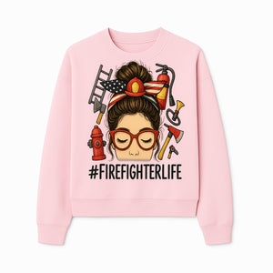 Firefighter Life Graphic Tee - Girl with Firefighter Gear and Accessories - Inspirational Gift for Firefighters - Unique Firefighting Apparel - Sweatshirt 1757914234754.jpg