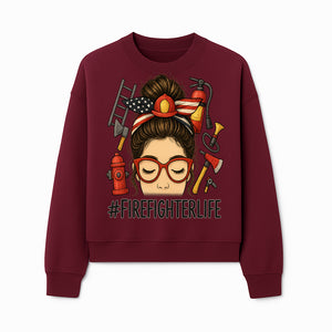 Firefighter Life Graphic Tee - Girl with Firefighter Gear and Accessories - Inspirational Gift for Firefighters - Unique Firefighting Apparel - Sweatshirt 1757914234898.jpg