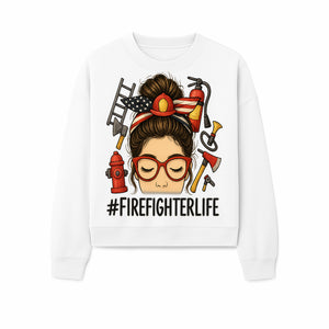 Firefighter Life Graphic Tee - Girl with Firefighter Gear and Accessories - Inspirational Gift for Firefighters - Unique Firefighting Apparel - Sweatshirt 1757914235478.jpg