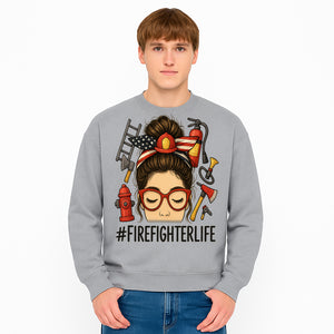Firefighter Life Graphic Tee - Girl with Firefighter Gear and Accessories - Inspirational Gift for Firefighters - Unique Firefighting Apparel - Sweatshirt 1757914236611.jpg