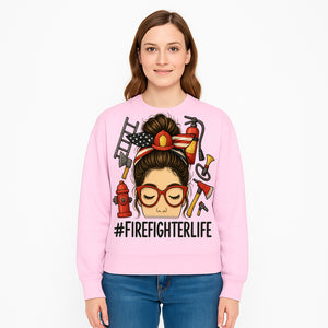Firefighter Life Graphic Tee - Girl with Firefighter Gear and Accessories - Inspirational Gift for Firefighters - Unique Firefighting Apparel - Sweatshirt 1757914236751.jpg