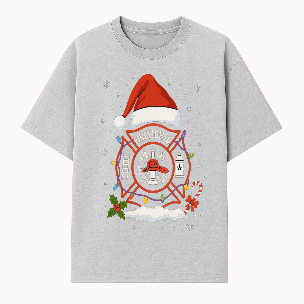 Firefighter Christmas Ornament with Santa Hat, Holiday Lights, & Candy Cane - Festive Decor for Firefighter Appreciation - T-shirt 1757914242361.jpg