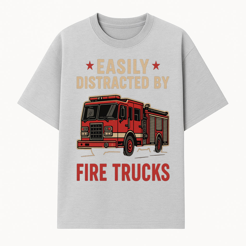 Easily Distracted by Fire Trucks Retro Graphic Tee | Firefighter Enthusiast Shirt | Fun Casual Wear - T-shirt 1757914252608.jpg