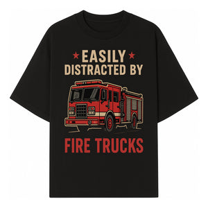 Easily Distracted by Fire Trucks Retro Graphic Tee | Firefighter Enthusiast Shirt | Fun Casual Wear - T-shirt 1757914252752.jpg