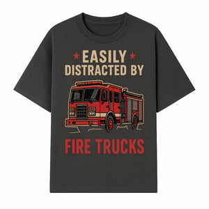 Easily Distracted by Fire Trucks Retro Graphic Tee | Firefighter Enthusiast Shirt | Fun Casual Wear - T-shirt 1757914252891.jpg