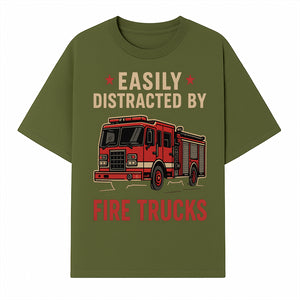 Easily Distracted by Fire Trucks Retro Graphic Tee | Firefighter Enthusiast Shirt | Fun Casual Wear - T-shirt 1757914253025.jpg