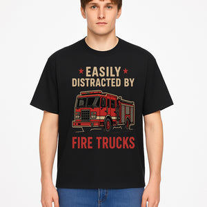 Easily Distracted by Fire Trucks Retro Graphic Tee | Firefighter Enthusiast Shirt | Fun Casual Wear - T-shirt 1757914255417.jpg
