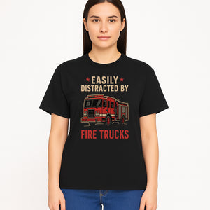 Easily Distracted by Fire Trucks Retro Graphic Tee | Firefighter Enthusiast Shirt | Fun Casual Wear - T-shirt 1757914255560.jpg