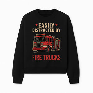 Easily Distracted by Fire Trucks Retro Graphic Tee | Firefighter Enthusiast Shirt | Fun Casual Wear - Sweatshirt 1757914255890.jpg