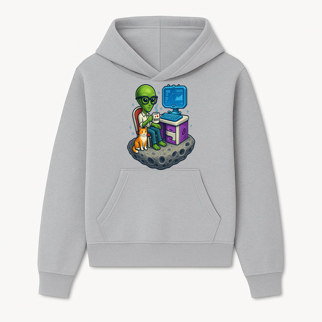 Funny Alien Astronaut Desk Decor with Cat, 'I Love Boots' Mug, Outer Space Theme, Gaming Room Art, Quirky Home Decor - Hoodie 1758004697083.jpg