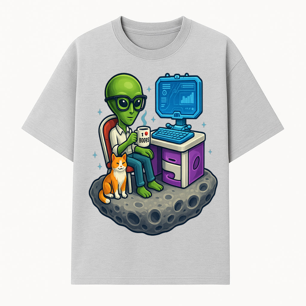 Funny Alien Astronaut Desk Decor with Cat, 'I Love Boots' Mug, Outer Space Theme, Gaming Room Art, Quirky Home Decor - T-shirt 1758004700268.jpg