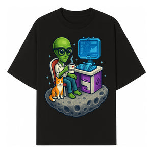 Funny Alien Astronaut Desk Decor with Cat, 'I Love Boots' Mug, Outer Space Theme, Gaming Room Art, Quirky Home Decor - T-shirt 1758004700437.jpg