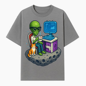 Funny Alien Astronaut Desk Decor with Cat, 'I Love Boots' Mug, Outer Space Theme, Gaming Room Art, Quirky Home Decor - T-shirt 1758004700965.jpg